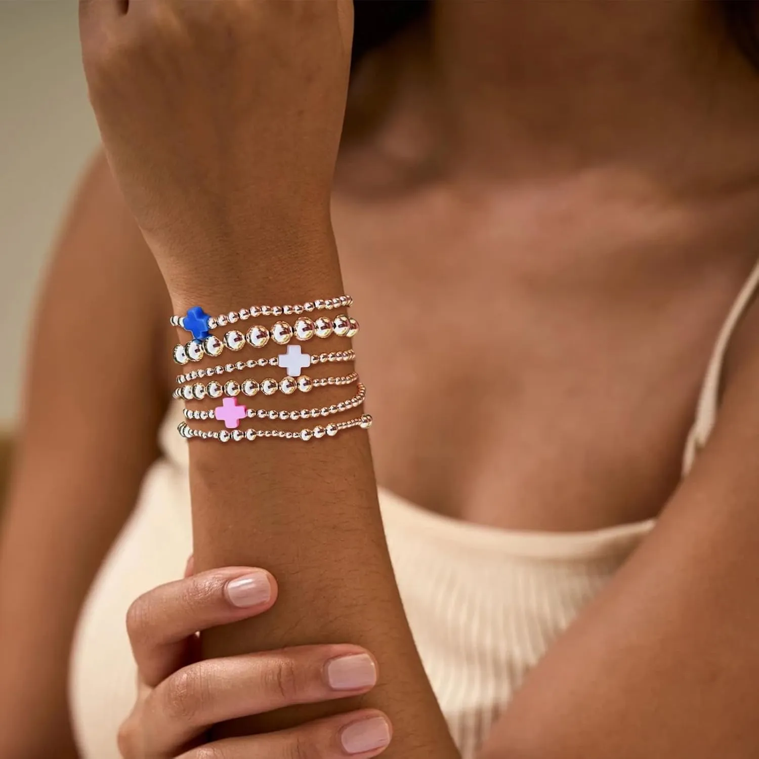 choice of all Gold Bracelets for Women Trendy Beaded Bracelet Non Tarnish Stack Cross Pearl Beaded Stretch Bracelets Jewelry Gifts for Women