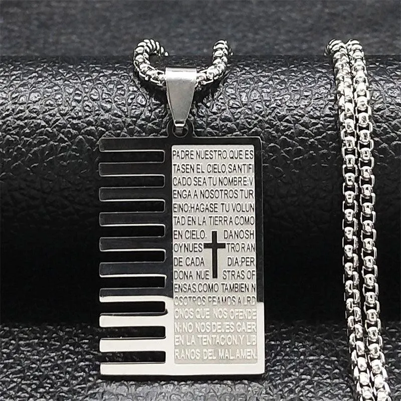 Christian Cross Bible Verse Prayer Necklace - Stainless Steel Portuguese Religious Necklaces