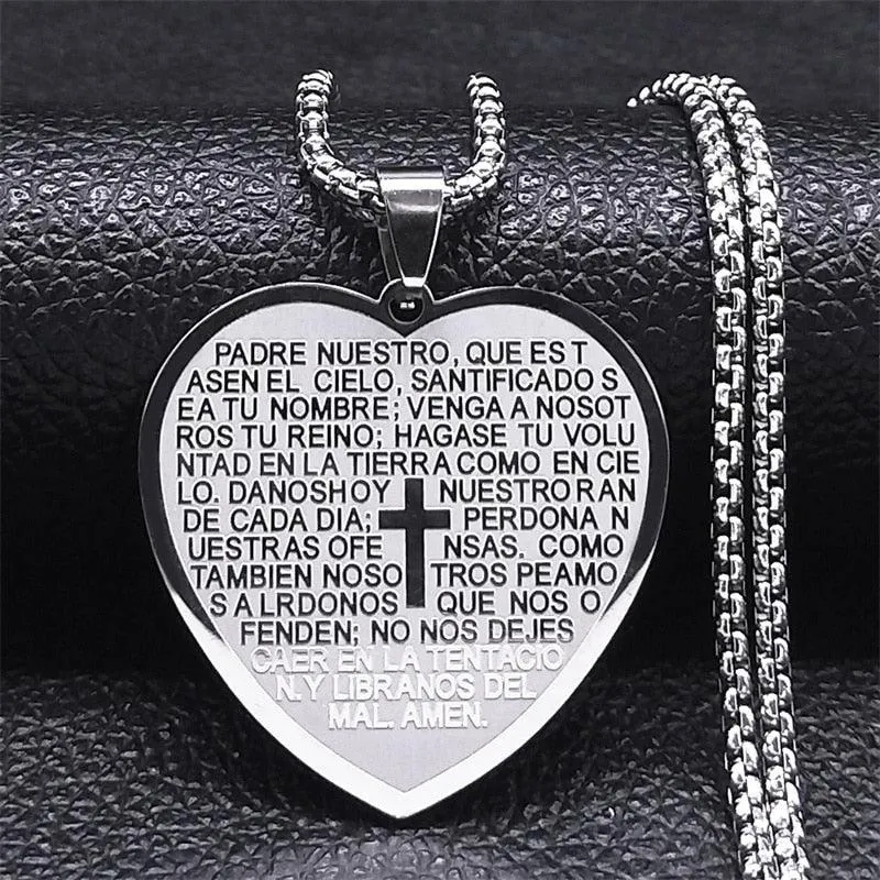 Christian Cross Bible Verse Prayer Necklace - Stainless Steel Portuguese Religious Necklaces