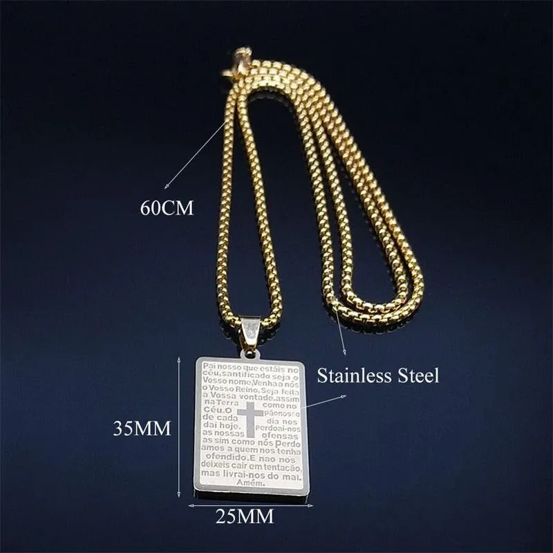 Christian Cross Bible Verse Prayer Necklace - Stainless Steel Portuguese Religious Necklaces
