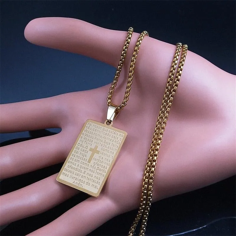 Christian Cross Bible Verse Prayer Necklace - Stainless Steel Portuguese Religious Necklaces