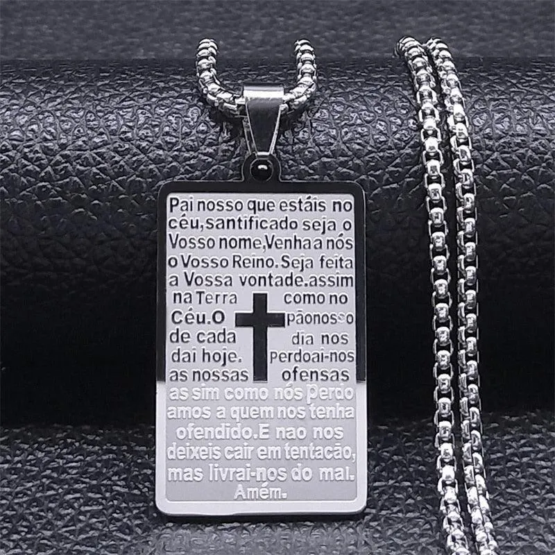 Christian Cross Bible Verse Prayer Necklace - Stainless Steel Portuguese Religious Necklaces
