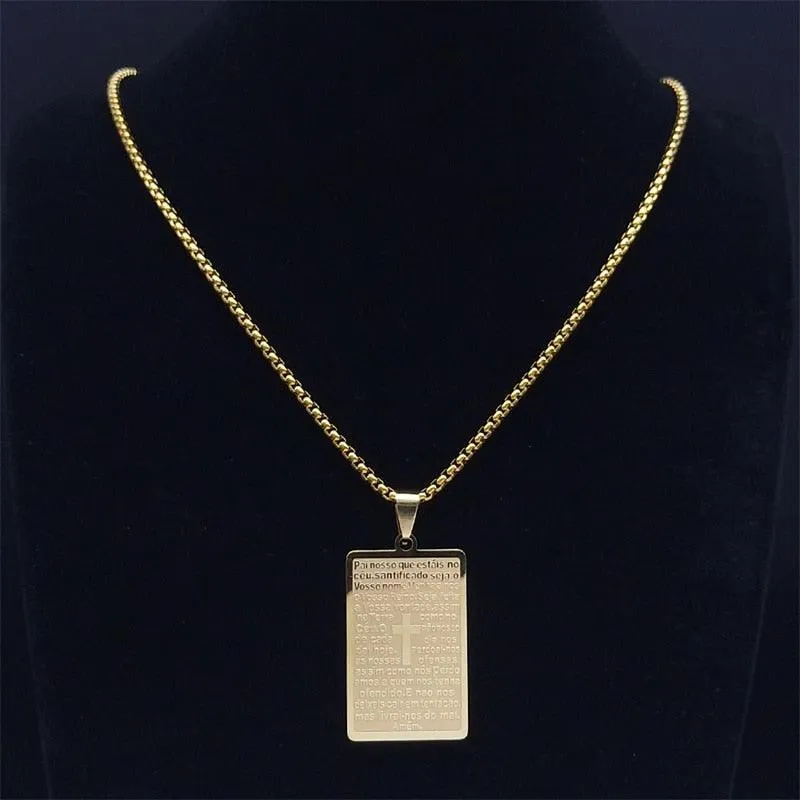 Christian Cross Bible Verse Prayer Necklace - Stainless Steel Portuguese Religious Necklaces