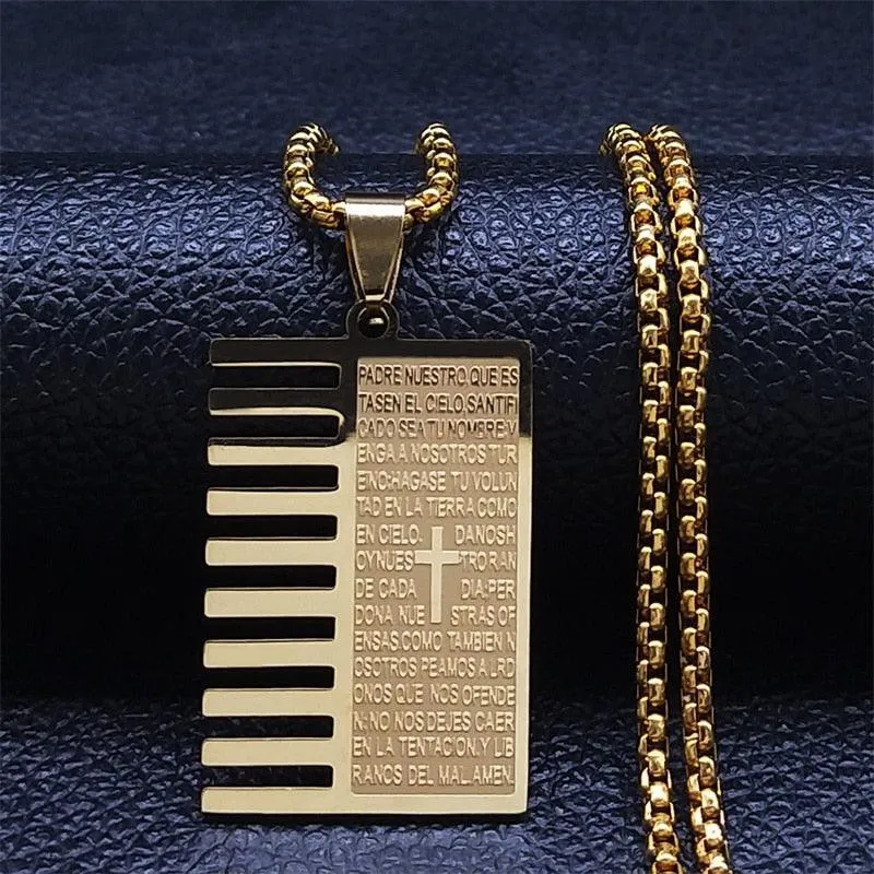Christian Cross Bible Verse Prayer Necklace - Stainless Steel Portuguese Religious Necklaces