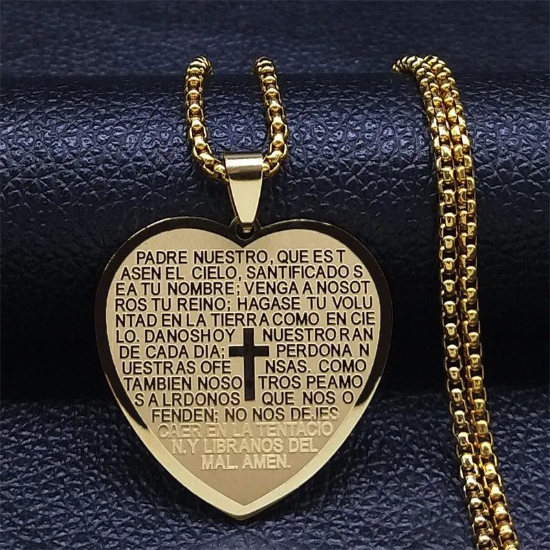 Christian Cross Bible Verse Prayer Necklace - Stainless Steel Portuguese Religious Necklaces