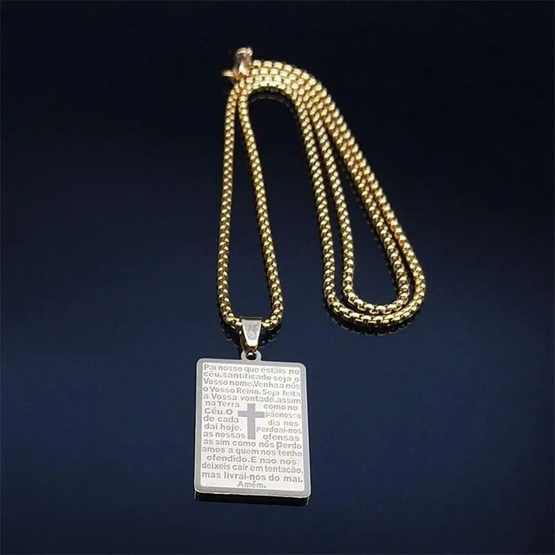 Christian Cross Bible Verse Prayer Necklace - Stainless Steel Portuguese Religious Necklaces