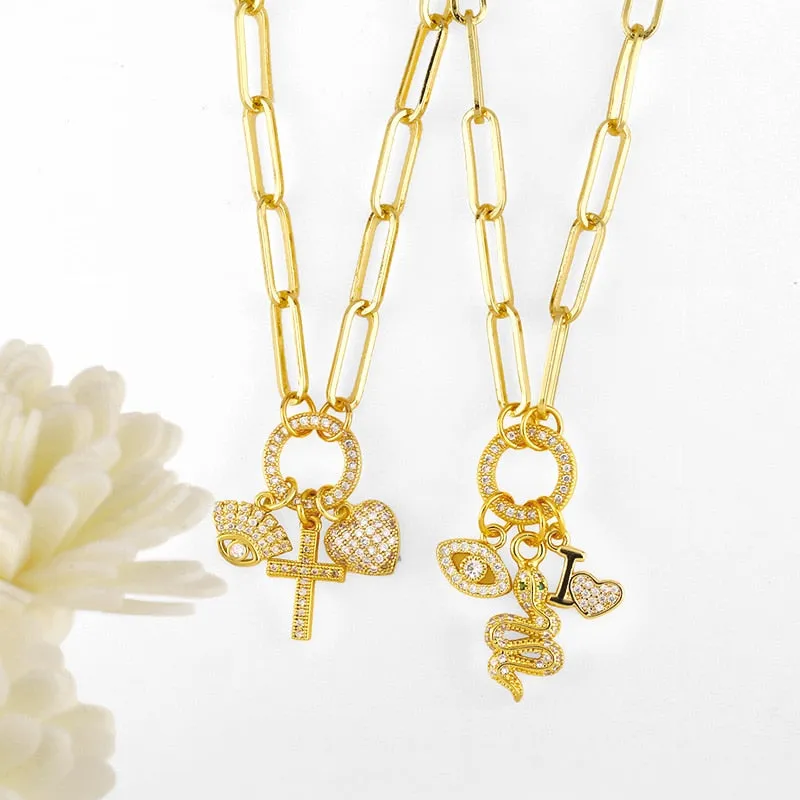 Chunky Chain Evil Eye Cross Necklace For Women Rhinestone Heart Charms Necklace