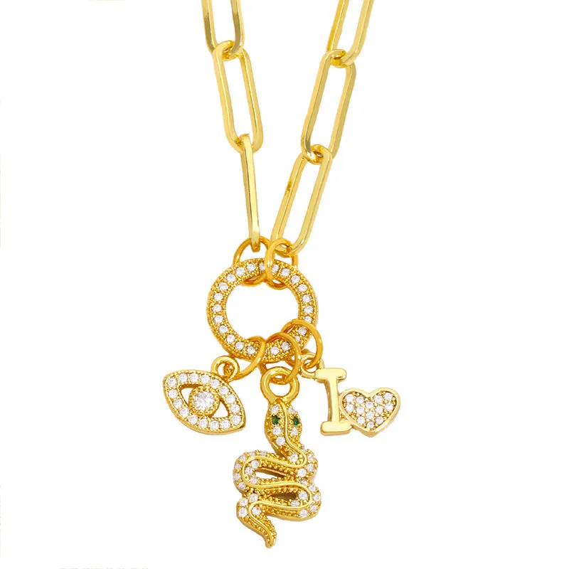 Chunky Chain Evil Eye Cross Necklace For Women Rhinestone Heart Charms Necklace
