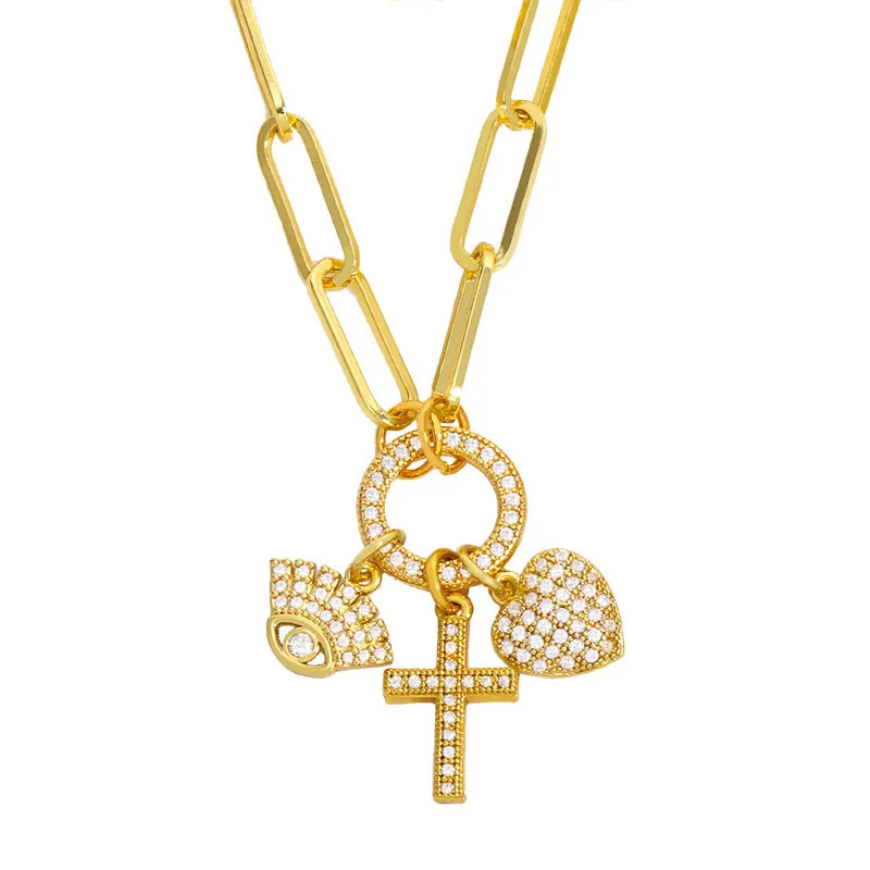 Chunky Chain Evil Eye Cross Necklace For Women Rhinestone Heart Charms Necklace