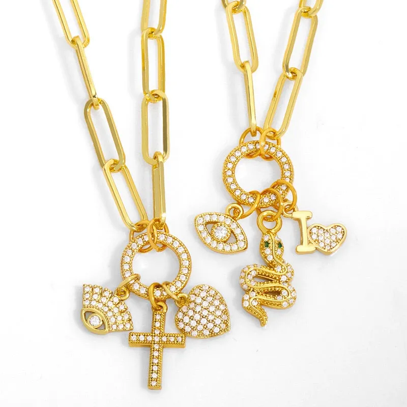 Chunky Chain Evil Eye Cross Necklace For Women Rhinestone Heart Charms Necklace