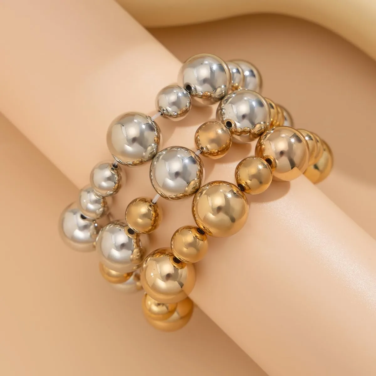 Chunky Gold Bracelets for Women Stackable Bracelets Big Gold Silver Ball Bangle Stretch Beaded Bracelets Jewelry
