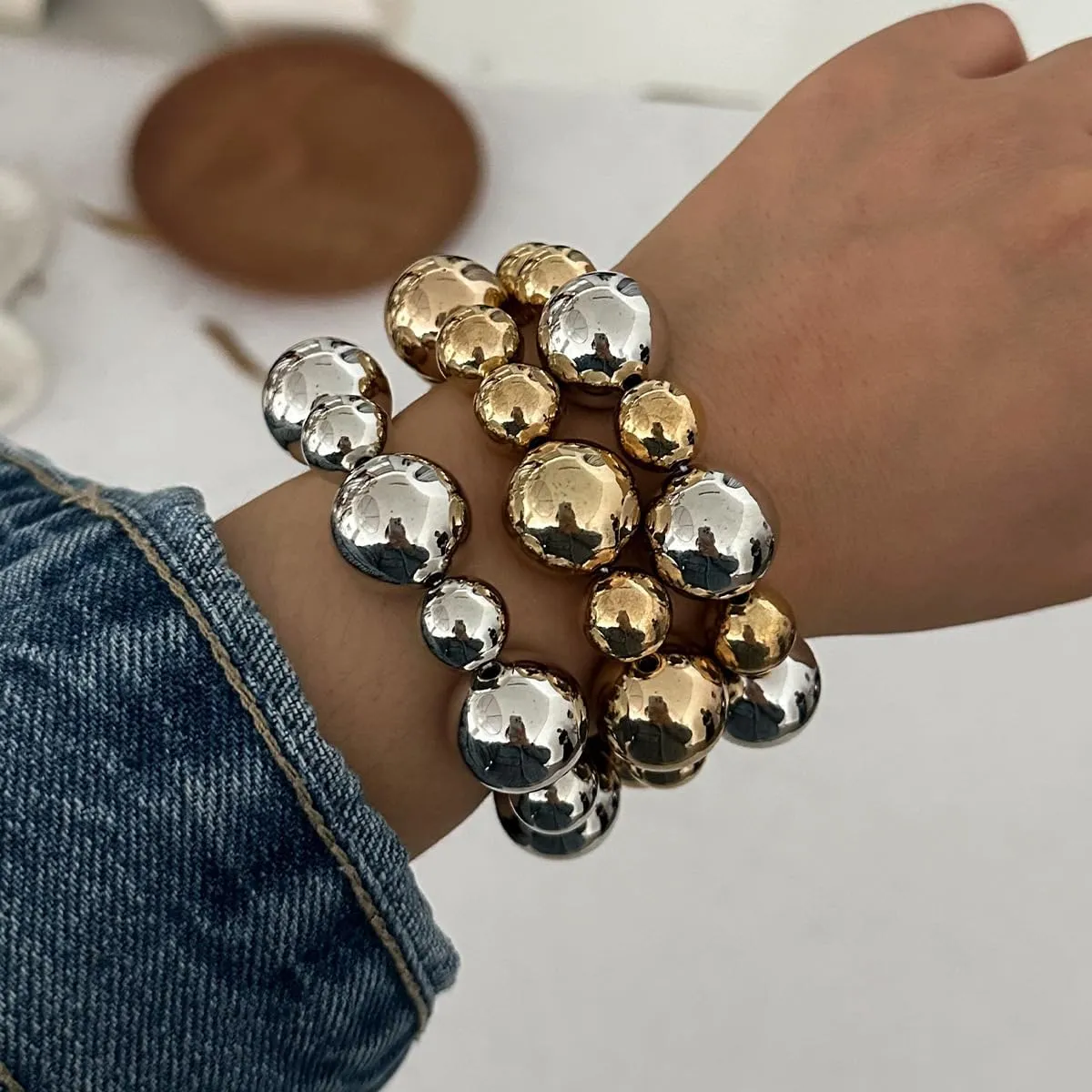 Chunky Gold Bracelets for Women Stackable Bracelets Big Gold Silver Ball Bangle Stretch Beaded Bracelets Jewelry