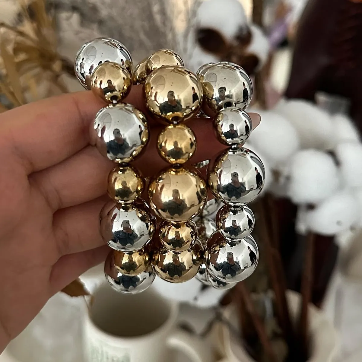 Chunky Gold Bracelets for Women Stackable Bracelets Big Gold Silver Ball Bangle Stretch Beaded Bracelets Jewelry