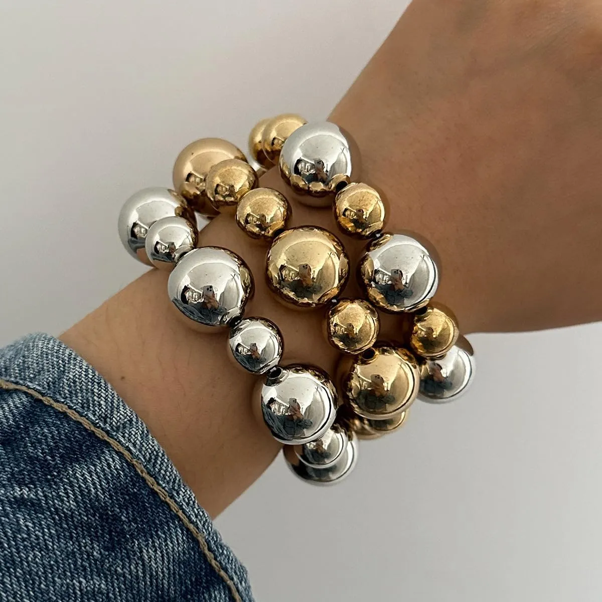 Chunky Gold Bracelets for Women Stackable Bracelets Big Gold Silver Ball Bangle Stretch Beaded Bracelets Jewelry