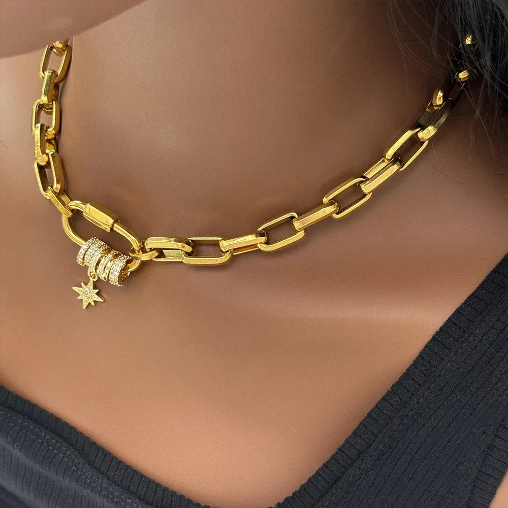 Chunky Stainless Steel Chain with Zircon Charms Necklace