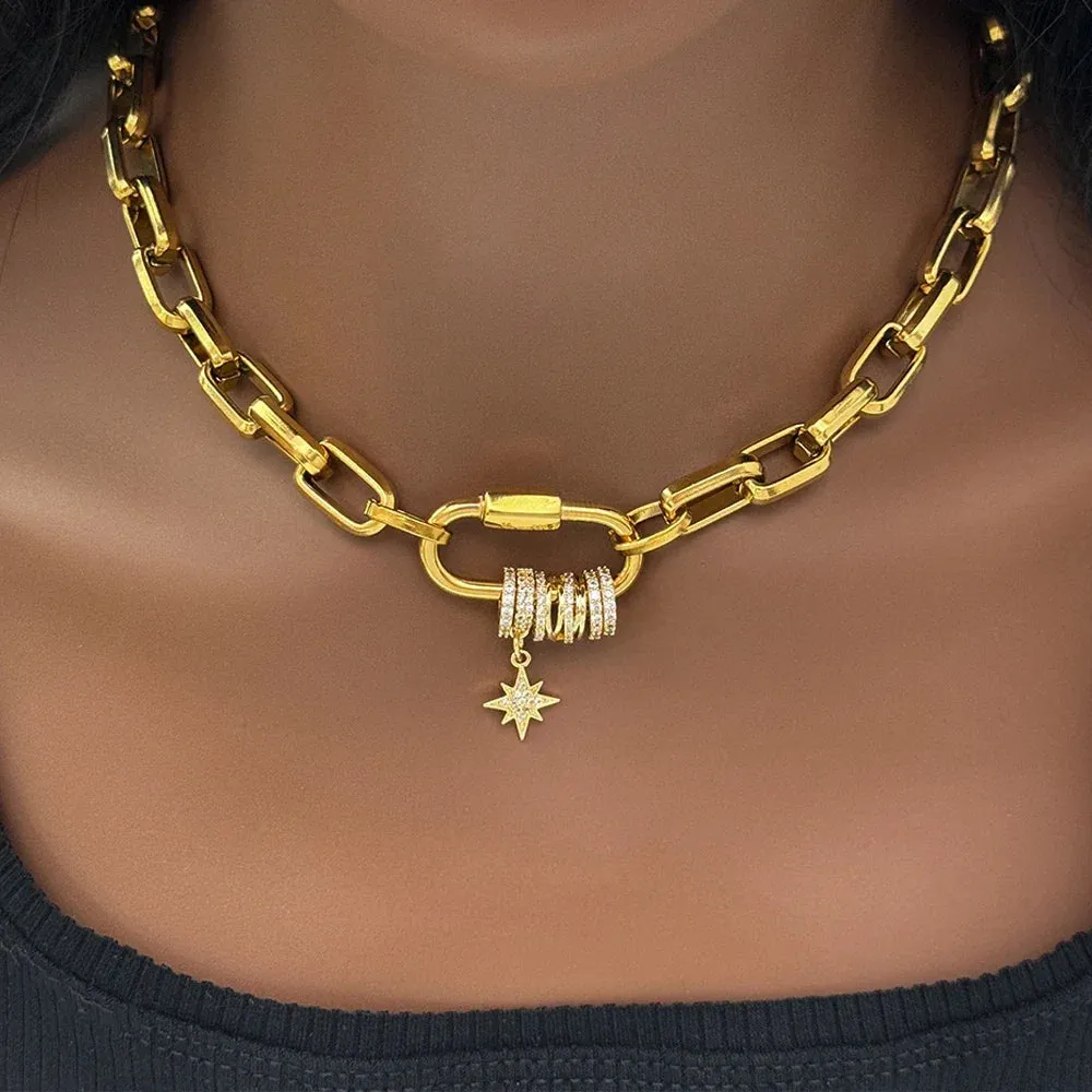 Chunky Stainless Steel Chain with Zircon Charms Necklace