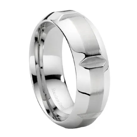 Contemporary Men's Stainless Steel Wedding Ring with Notches | 9mm
