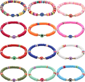 Cooluckday Surfer Heishi Clay Bracelets for Women Bohemian Stackable Gold Beaded Stretch Bracelets 4th of July Bracelets Elastic Layering Friendship Bracelets Set Boho Jewelry