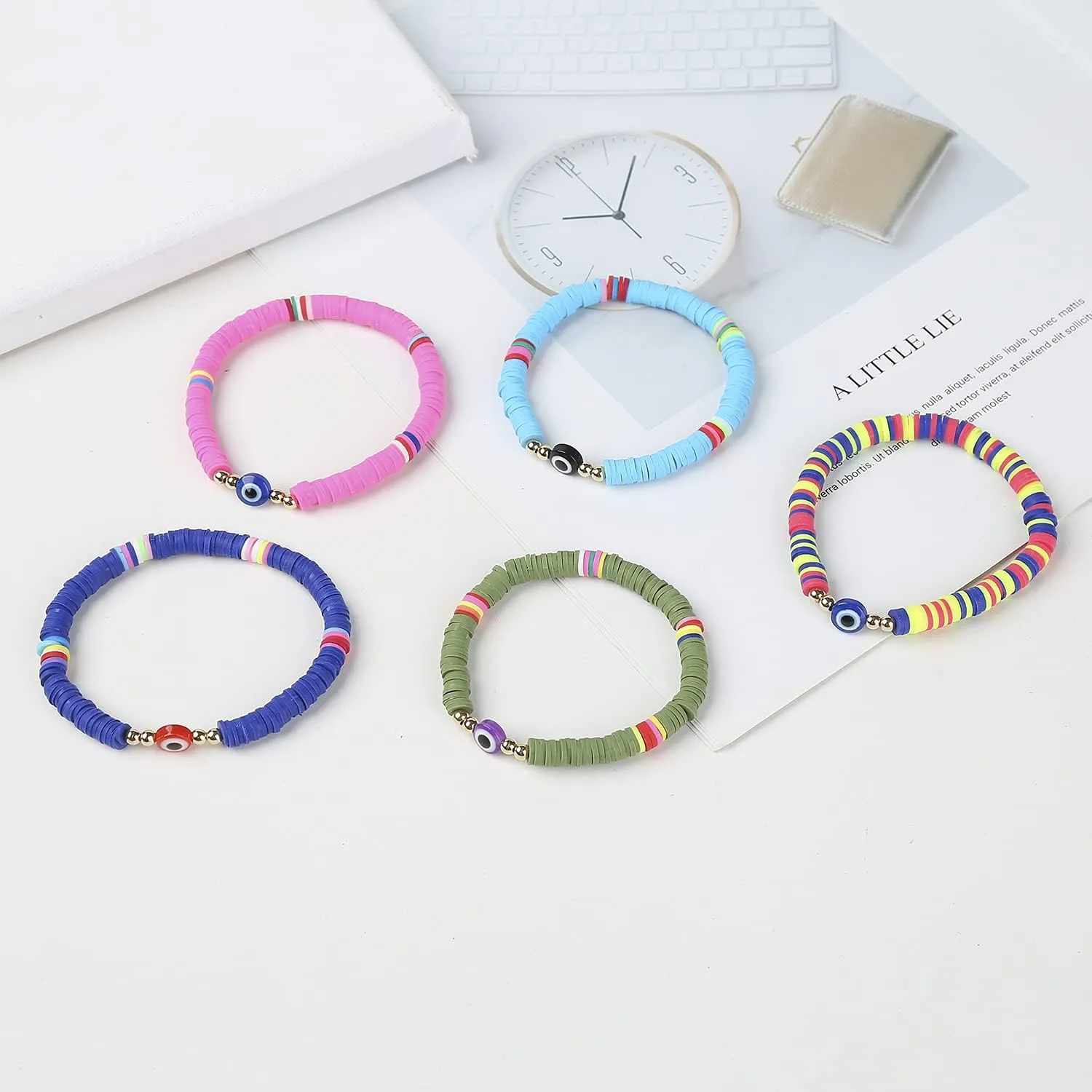 Cooluckday Surfer Heishi Clay Bracelets for Women Bohemian Stackable Gold Beaded Stretch Bracelets 4th of July Bracelets Elastic Layering Friendship Bracelets Set Boho Jewelry