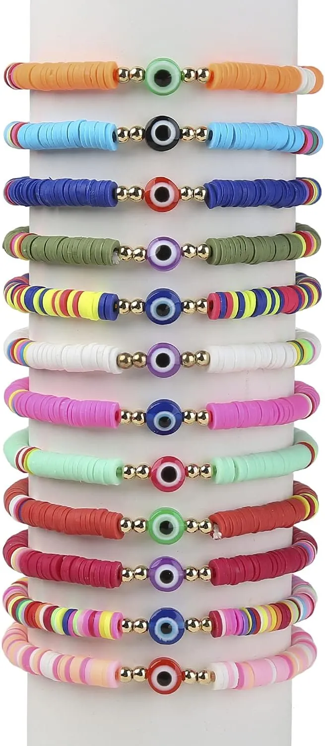 Cooluckday Surfer Heishi Clay Bracelets for Women Bohemian Stackable Gold Beaded Stretch Bracelets 4th of July Bracelets Elastic Layering Friendship Bracelets Set Boho Jewelry