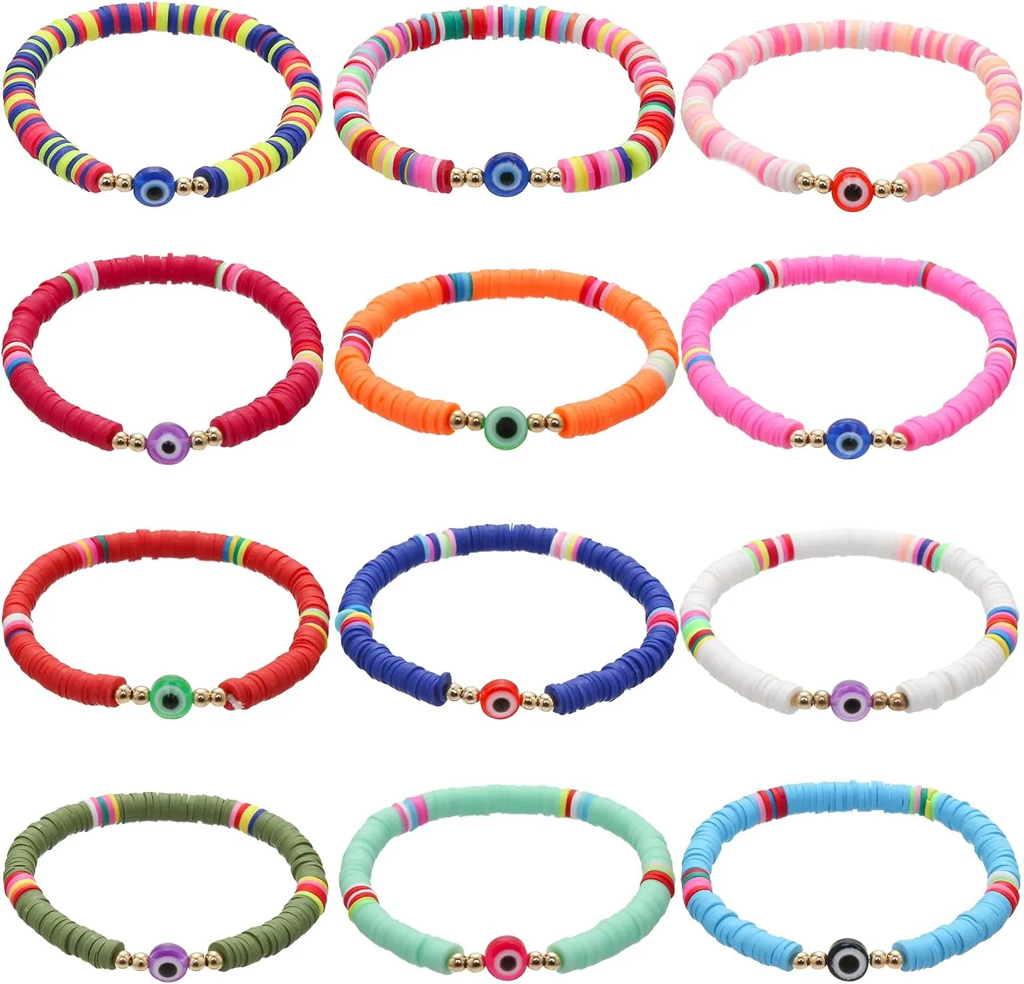 Cooluckday Surfer Heishi Clay Bracelets for Women Bohemian Stackable Gold Beaded Stretch Bracelets 4th of July Bracelets Elastic Layering Friendship Bracelets Set Boho Jewelry