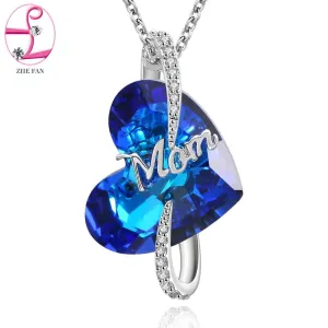 Crystal Heart Love Mom Pendant  Necklace