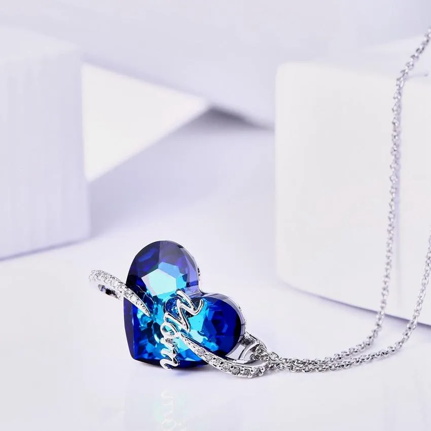 Crystal Heart Love Mom Pendant  Necklace