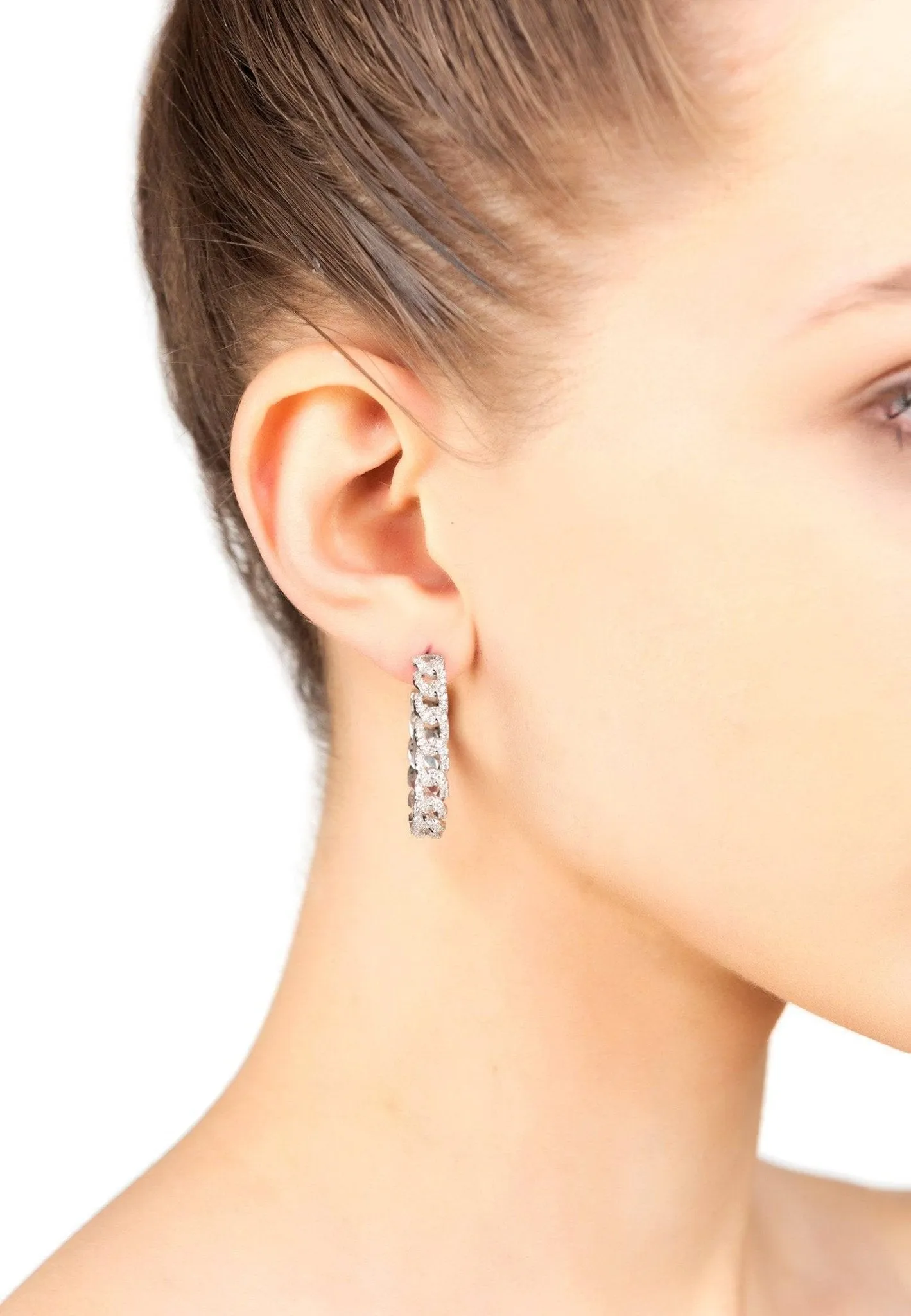 Curb Chain Sparkling Hoop Earrings Silver