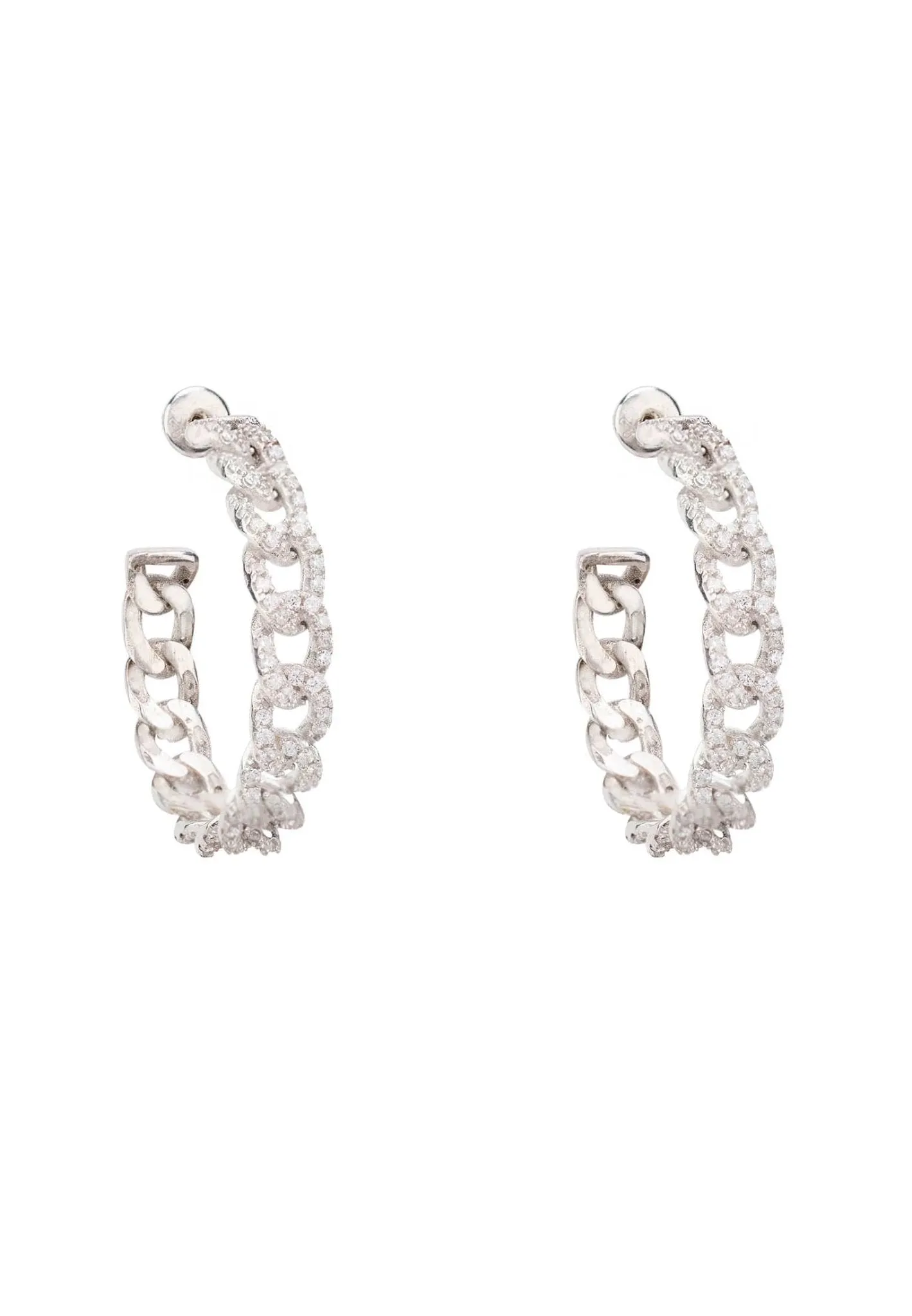 Curb Chain Sparkling Hoop Earrings Silver