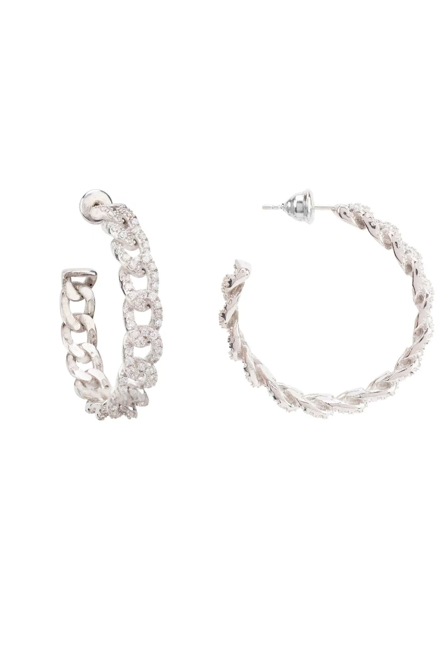 Curb Chain Sparkling Hoop Earrings Silver