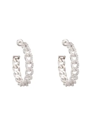 Curb Chain Sparkling Hoop Earrings Silver