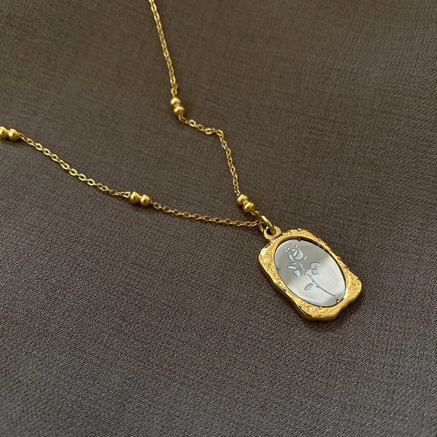 Design Sense Glass Mirror Rose Pendant Stainless Steel Gold Necklace For Woman‘s