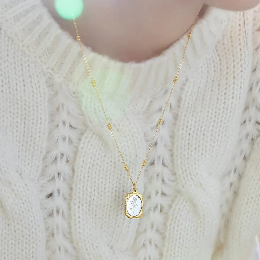 Design Sense Glass Mirror Rose Pendant Stainless Steel Gold Necklace For Woman‘s