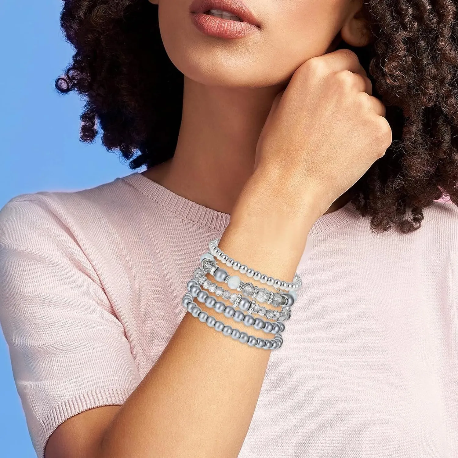 DIVINA VITAE 5 Pcs Beaded Stretch Bracelets Stackable Bracelets Crystal Bead Bracelet Boho Beaded Bracelets Stretch Layering Crystal Stone Beaded Bracelets Trendy Costume Jewelry Gifts for Women