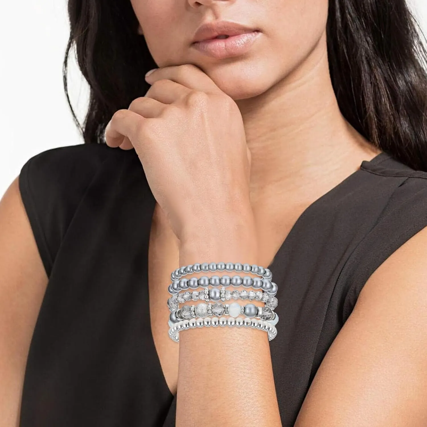 DIVINA VITAE 5 Pcs Beaded Stretch Bracelets Stackable Bracelets Crystal Bead Bracelet Boho Beaded Bracelets Stretch Layering Crystal Stone Beaded Bracelets Trendy Costume Jewelry Gifts for Women