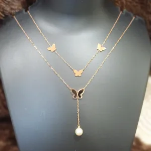 Double chained necklace with butterflies and pearl_ anti tarnish _ statement chain