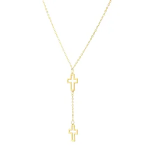 Double Cross Drop Necklace in 14K Yellow Gold