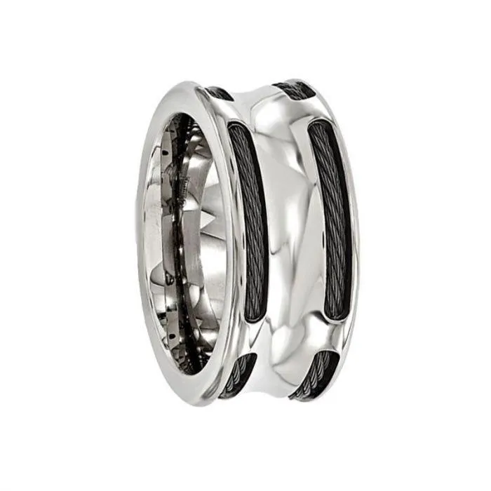 Edward Mirell Stainless Steel & Black Ti Cable Polished Concave 10mm Ring