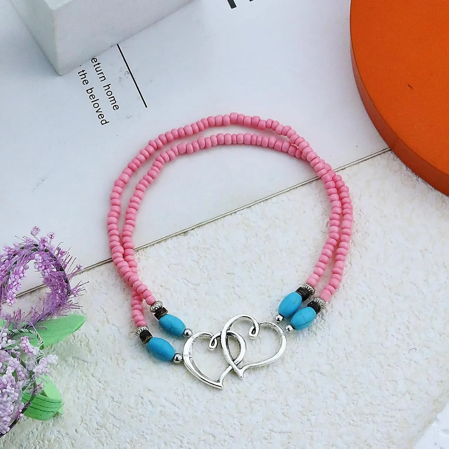 Elastic Beaded Ankle Bracelets for Women Double Heart Layered Stretch Ankle Bracelets Waterproof Dainty Boho Beaded Anklets for Summer Beach Foot Jewelry