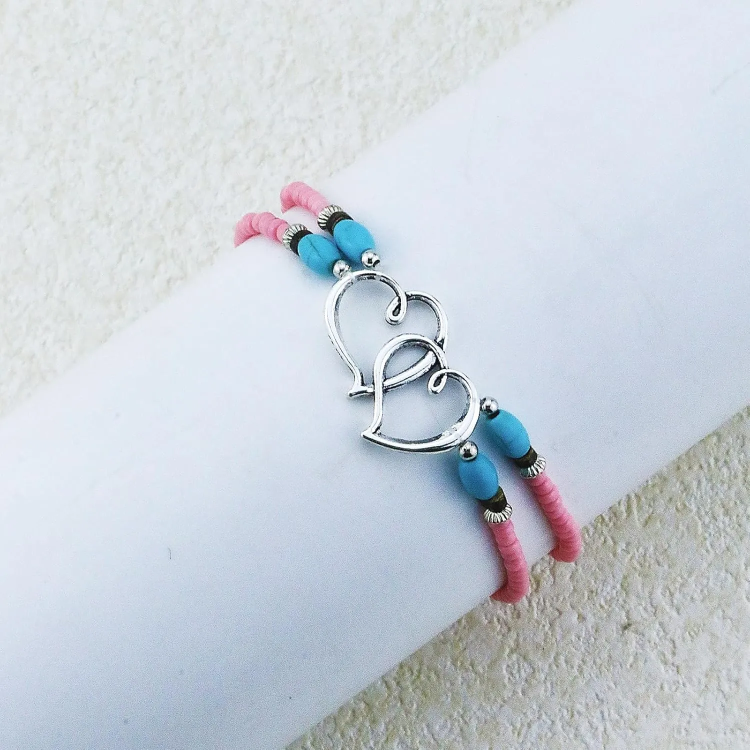 Elastic Beaded Ankle Bracelets for Women Double Heart Layered Stretch Ankle Bracelets Waterproof Dainty Boho Beaded Anklets for Summer Beach Foot Jewelry