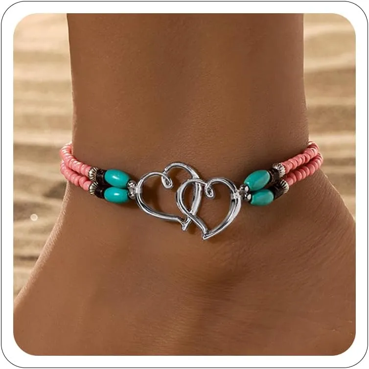 Elastic Beaded Ankle Bracelets for Women Double Heart Layered Stretch Ankle Bracelets Waterproof Dainty Boho Beaded Anklets for Summer Beach Foot Jewelry