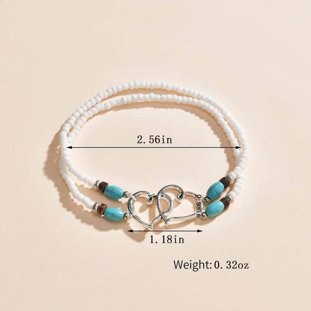 Elastic Beaded Ankle Bracelets for Women Double Heart Layered Stretch Ankle Bracelets Waterproof Dainty Boho Beaded Anklets for Summer Beach Foot Jewelry