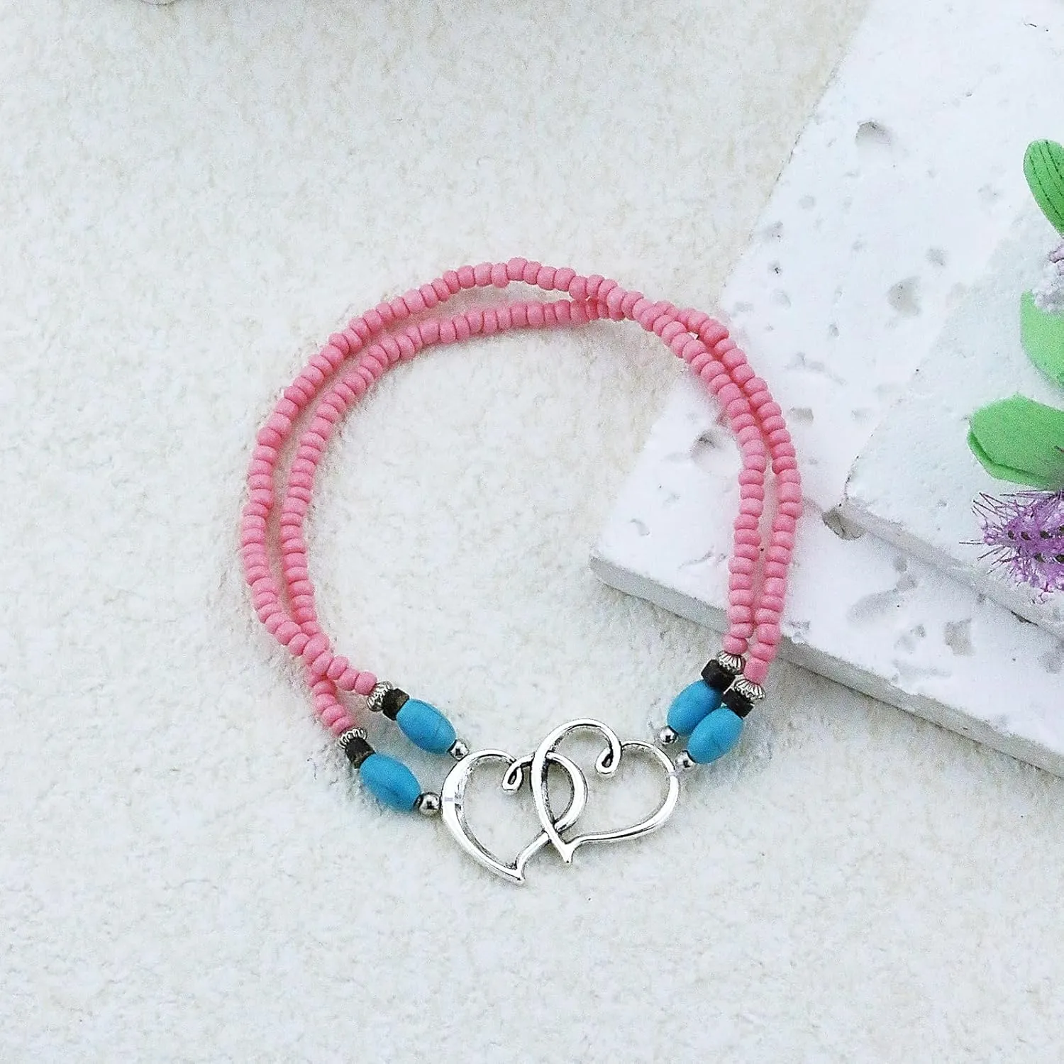 Elastic Beaded Ankle Bracelets for Women Double Heart Layered Stretch Ankle Bracelets Waterproof Dainty Boho Beaded Anklets for Summer Beach Foot Jewelry