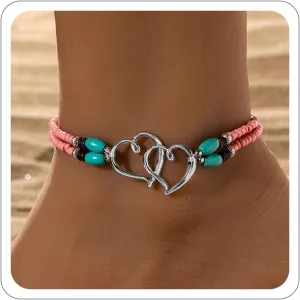 Elastic Beaded Ankle Bracelets for Women Double Heart Layered Stretch Ankle Bracelets Waterproof Dainty Boho Beaded Anklets for Summer Beach Foot Jewelry