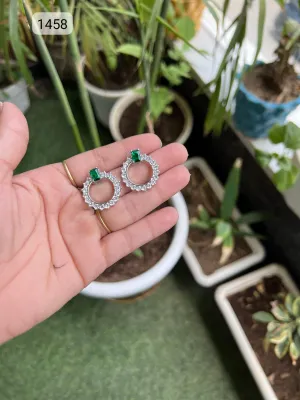 Elegant American Diamond Green Stone Round Stud Earrings with CZ Stones