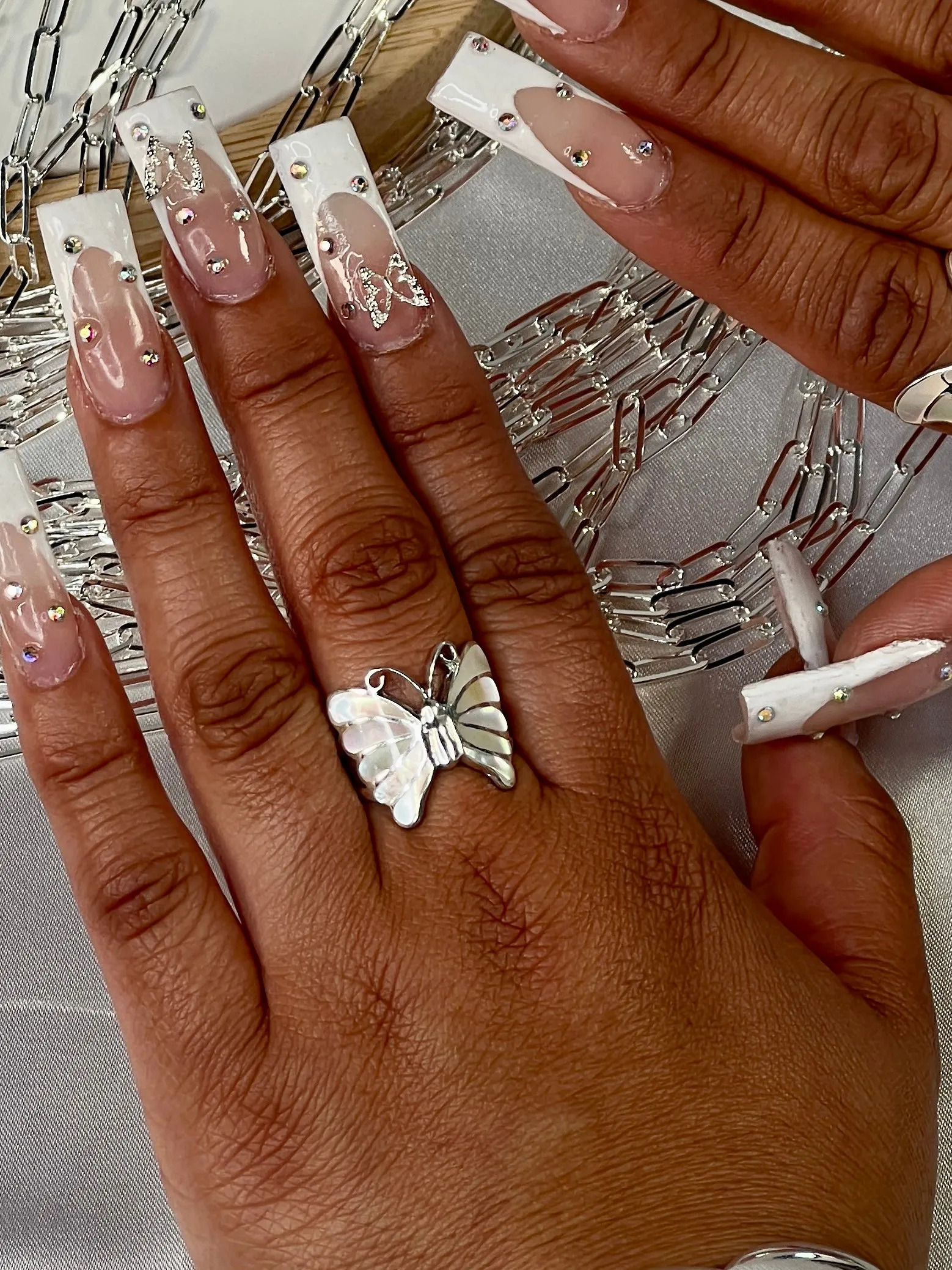 Elegant Butterfly Inlay Ring with Swirly Antennae
