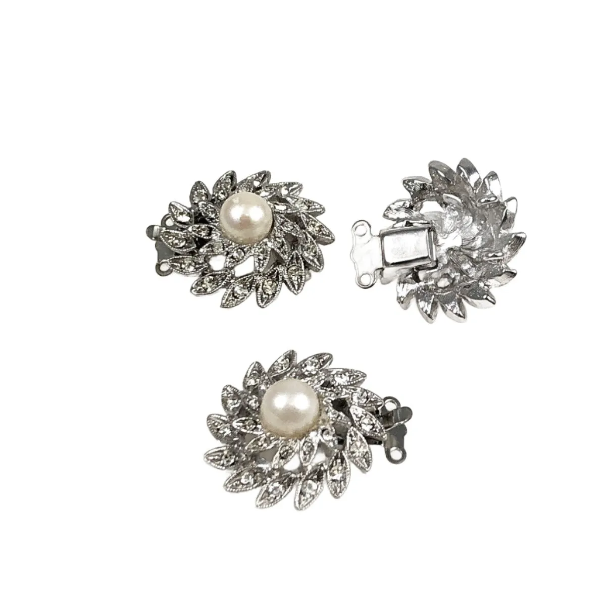 Elegant Pearl & Rhinestone Silver Clasps