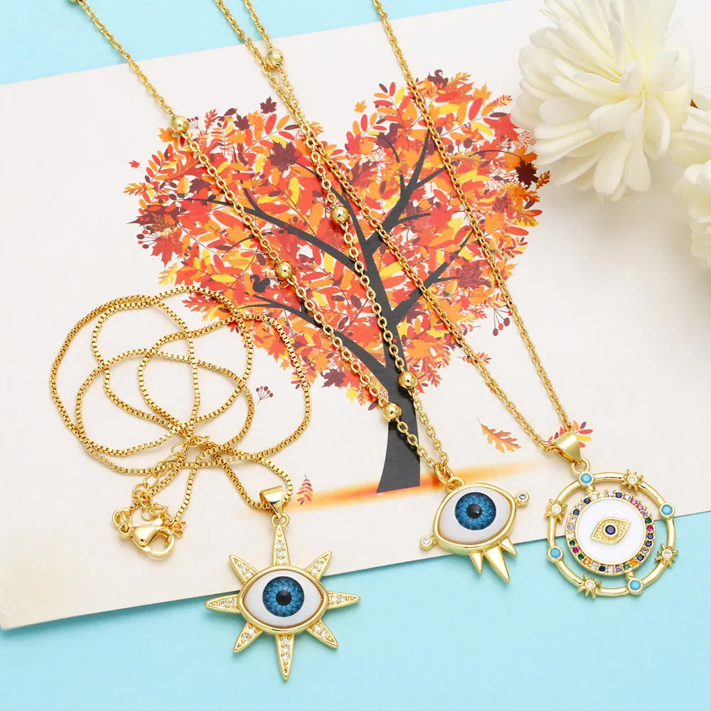 Exquisite Resin Blue Evil Eye Necklaces for Women Copper CZ Rhinestone Round Greek Eye Necklace