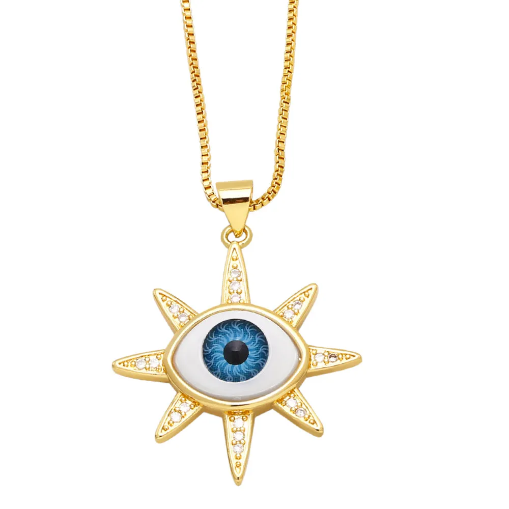 Exquisite Resin Blue Evil Eye Necklaces for Women Copper CZ Rhinestone Round Greek Eye Necklace