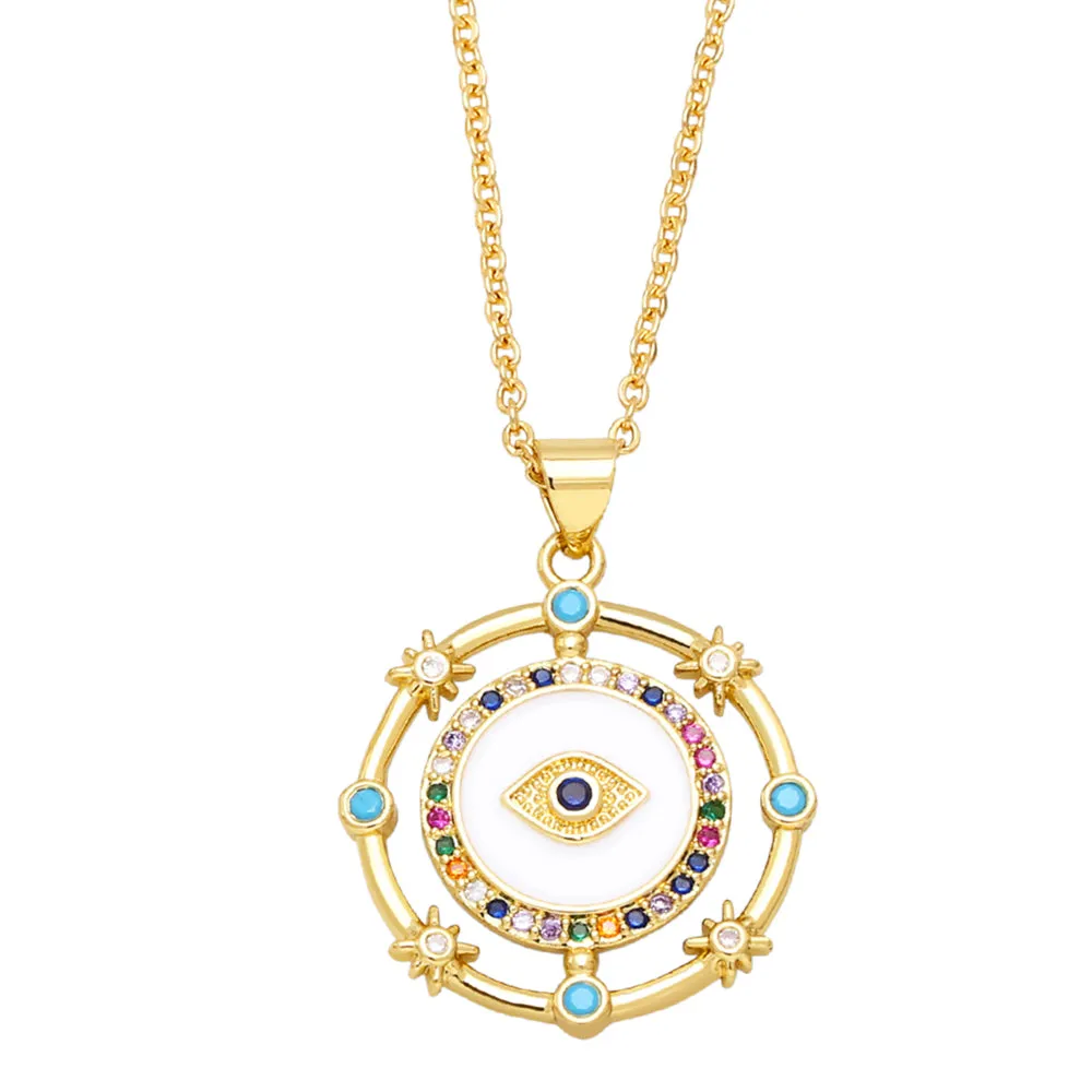Exquisite Resin Blue Evil Eye Necklaces for Women Copper CZ Rhinestone Round Greek Eye Necklace
